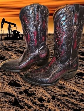 New Ostrich Leg Western Cowboy Boots 10.5 By Montana, Black & Red